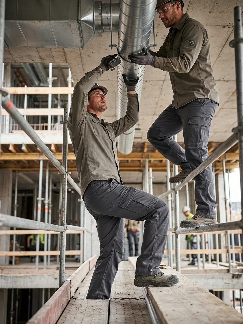 Two installers on a scaffold fitting ductwork in grey stretch cargo pants with double knees