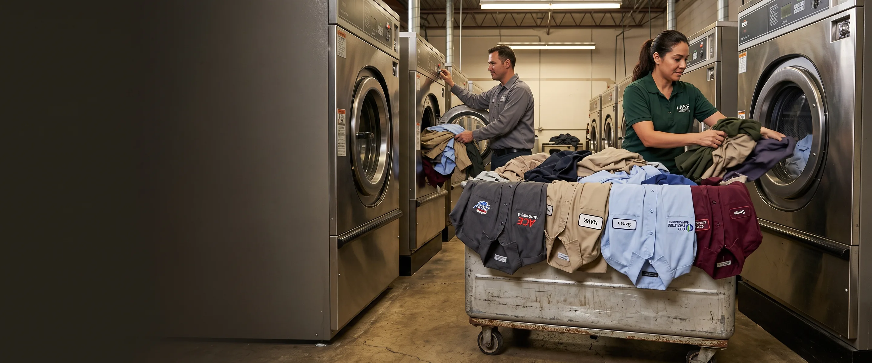 Industrial laundry with large washer-extractors and a trolley of work shirts