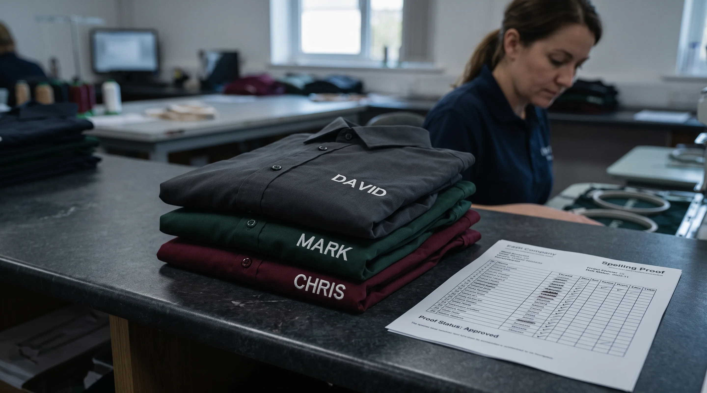 Stack of folded work shirts with embroidered names facing up beside a printed spelling proof