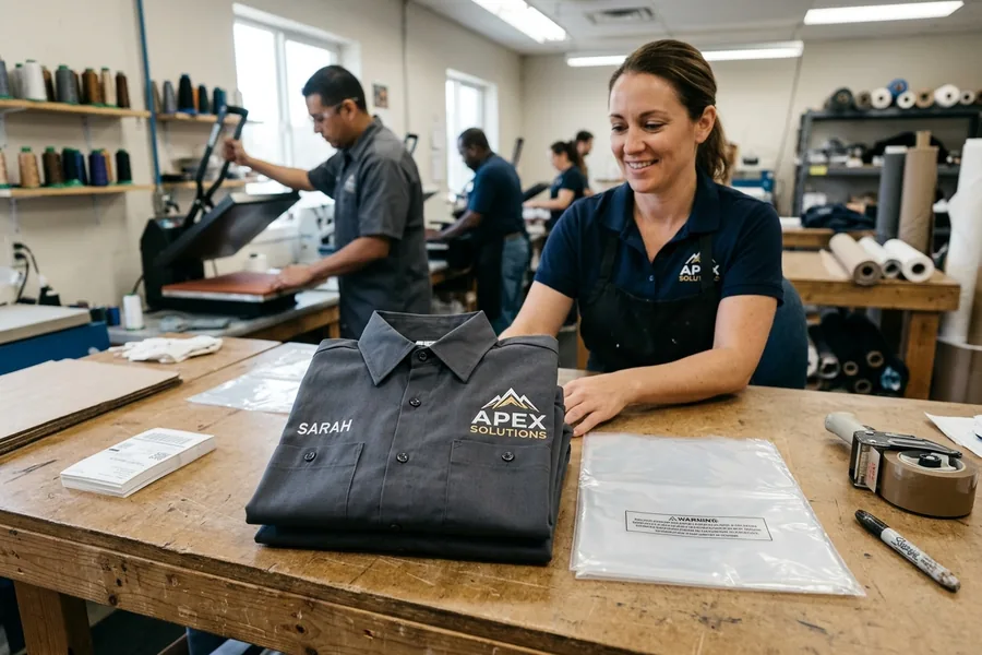 Embroidered logo and name on a finished work shirt ready for packing