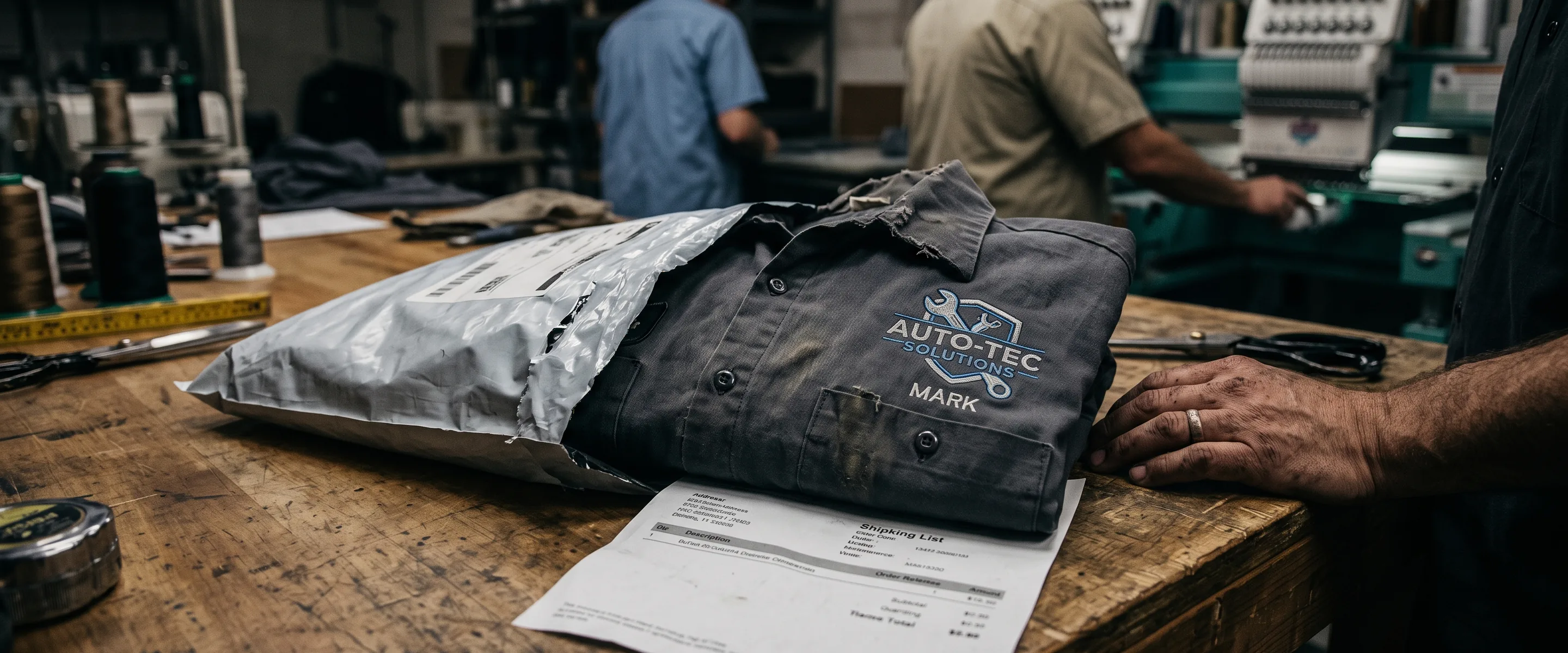 Opened mailer bag on a workbench with a logo work shirt and a shipping slip