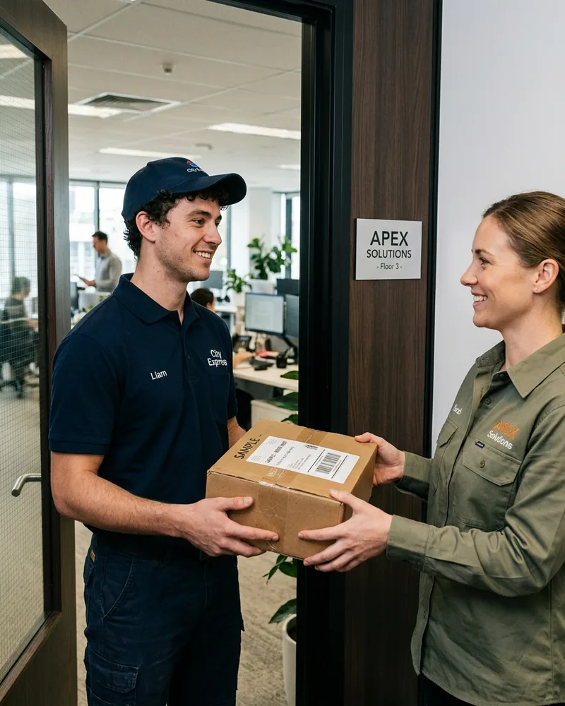 Courier handing over a parcel containing a sample work shirt