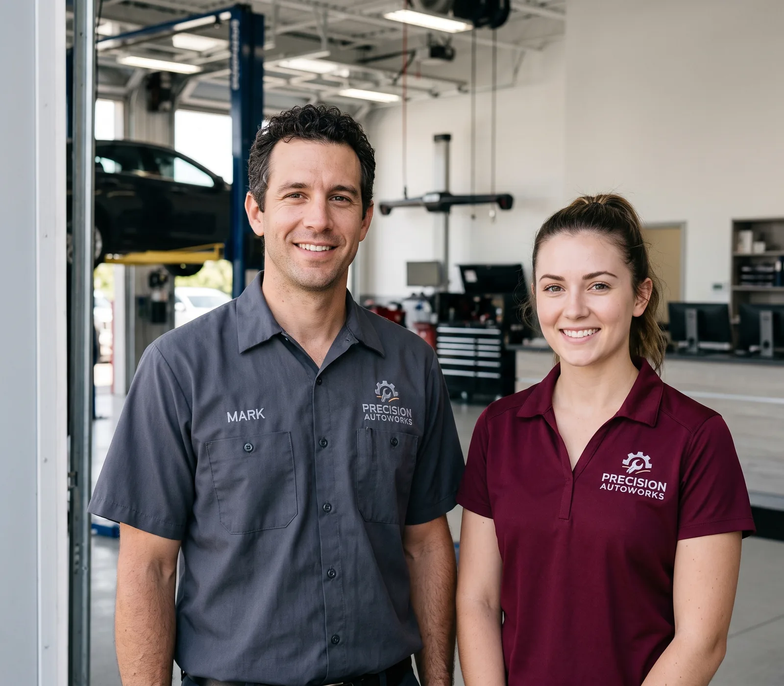 Auto shop technician in a button-front work shirt with an embroidered logo and name, beside a service advisor in a matching work polo