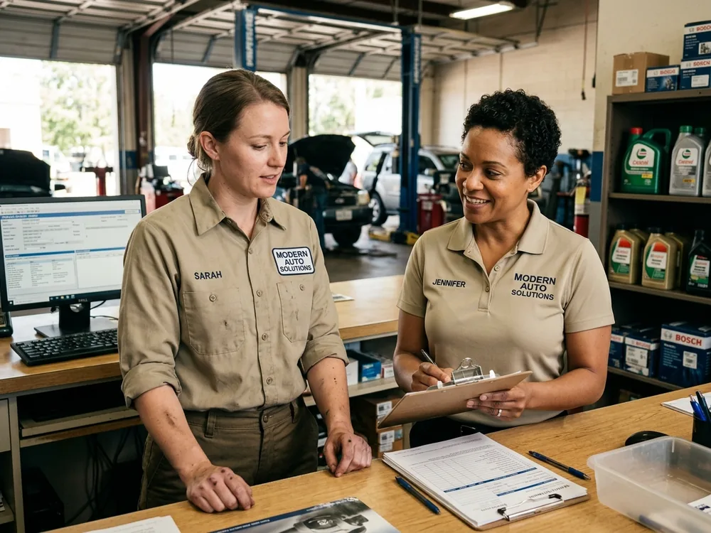 Auto shop technician and service advisor at the counter in matching work shirt and polo