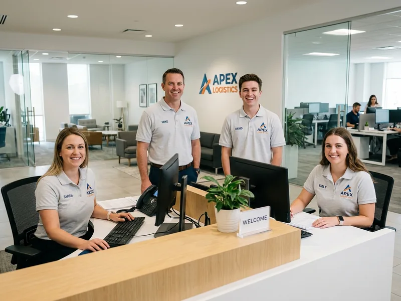 Front desk and office staff in matching embroidered polos, men's and women's cuts