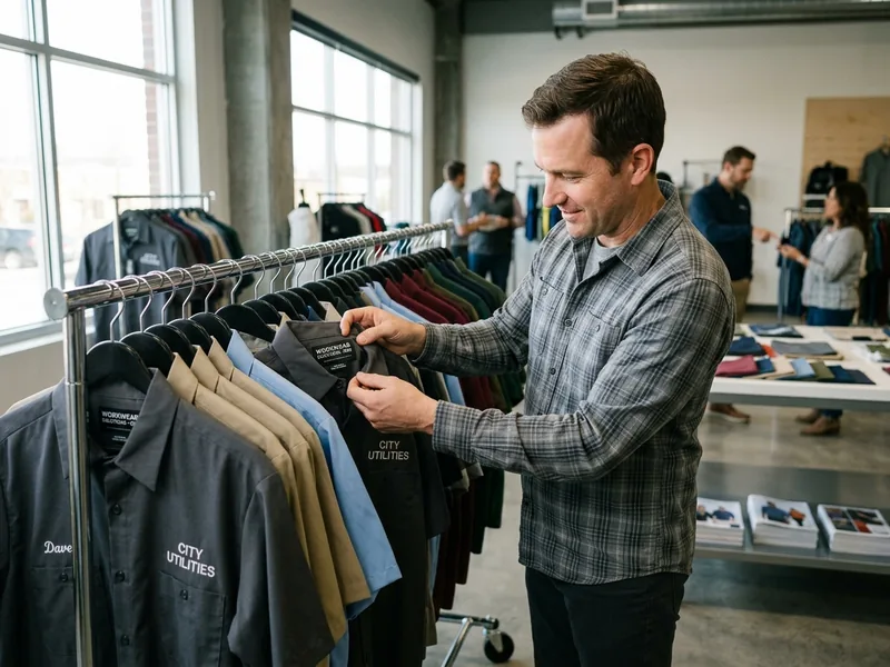 Distributor showroom rail of private-label work shirts and polos