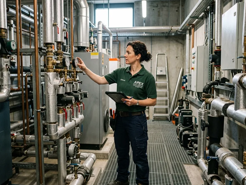 Building maintenance engineer in a work polo with a large back print in a plant room