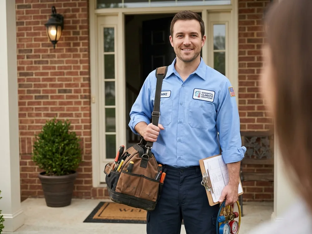 HVAC technician at a customer's front door wearing a work shirt with chest logo, name and sleeve flag