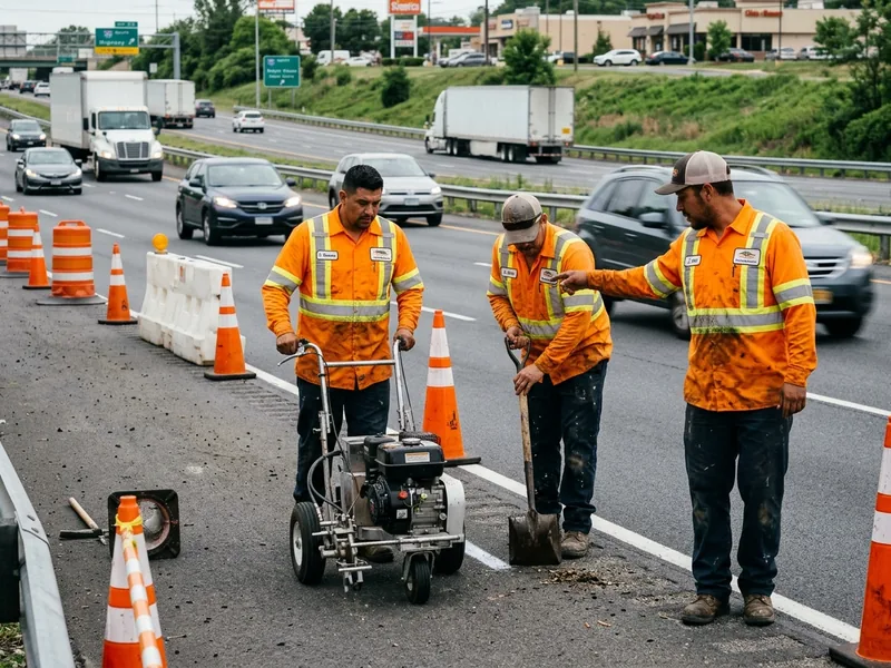 Road crew in high-visibility shirts working beside traffic
