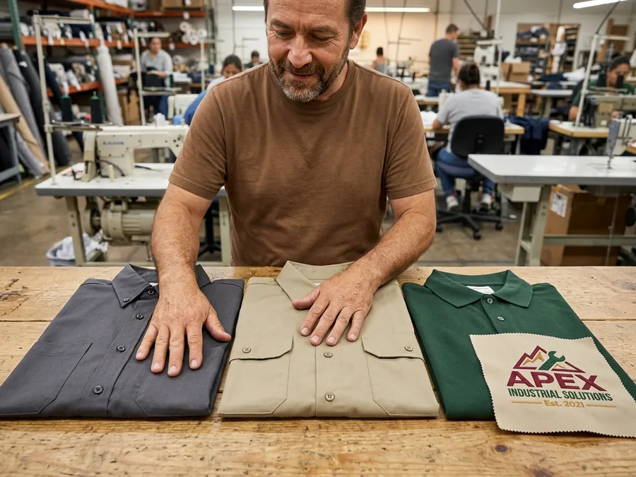 Twill, poly-cotton and piqué sample shirts compared side by side on a sample table