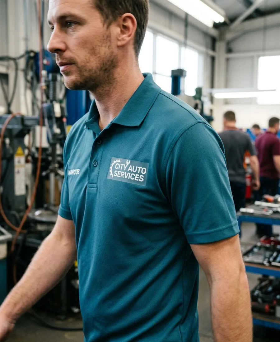 Performance piqué polo with a heat-transfer chest logo
