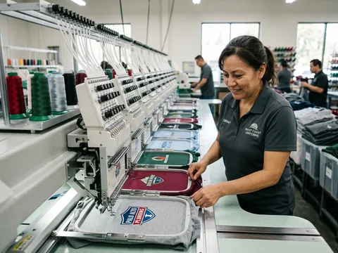 Row of needles on a 12-head embroidery machine