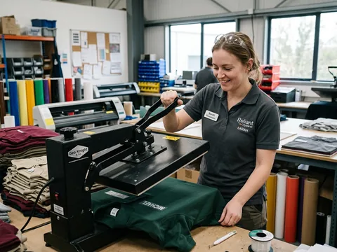 Heat press applying an employee name transfer to a work polo