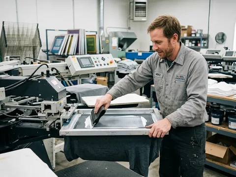 Squeegee pulling ink across a screen on an automatic carousel