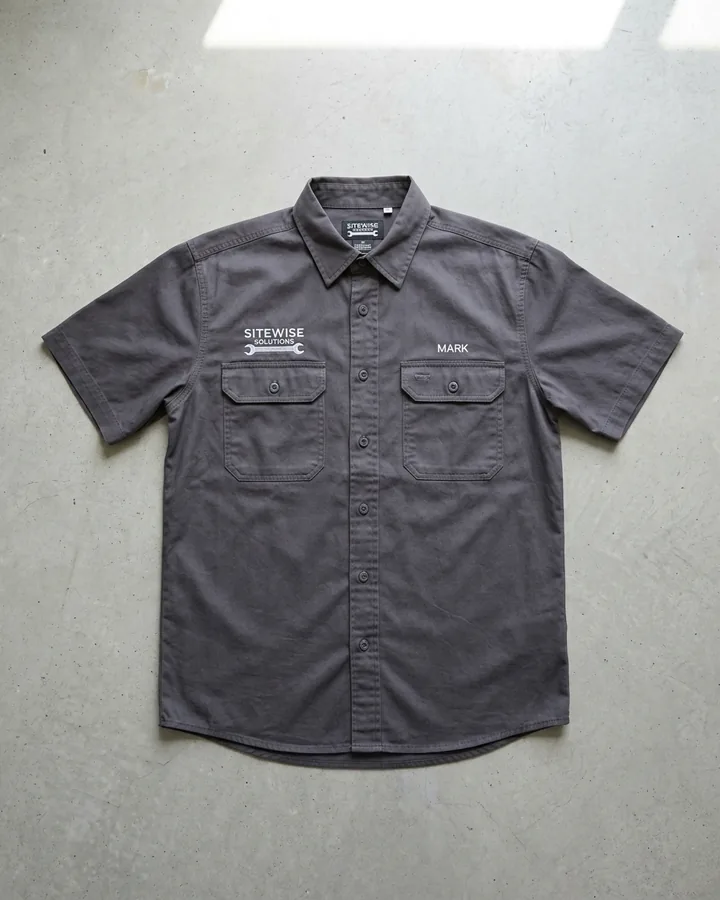 Front of a two-pocket work shirt laid flat