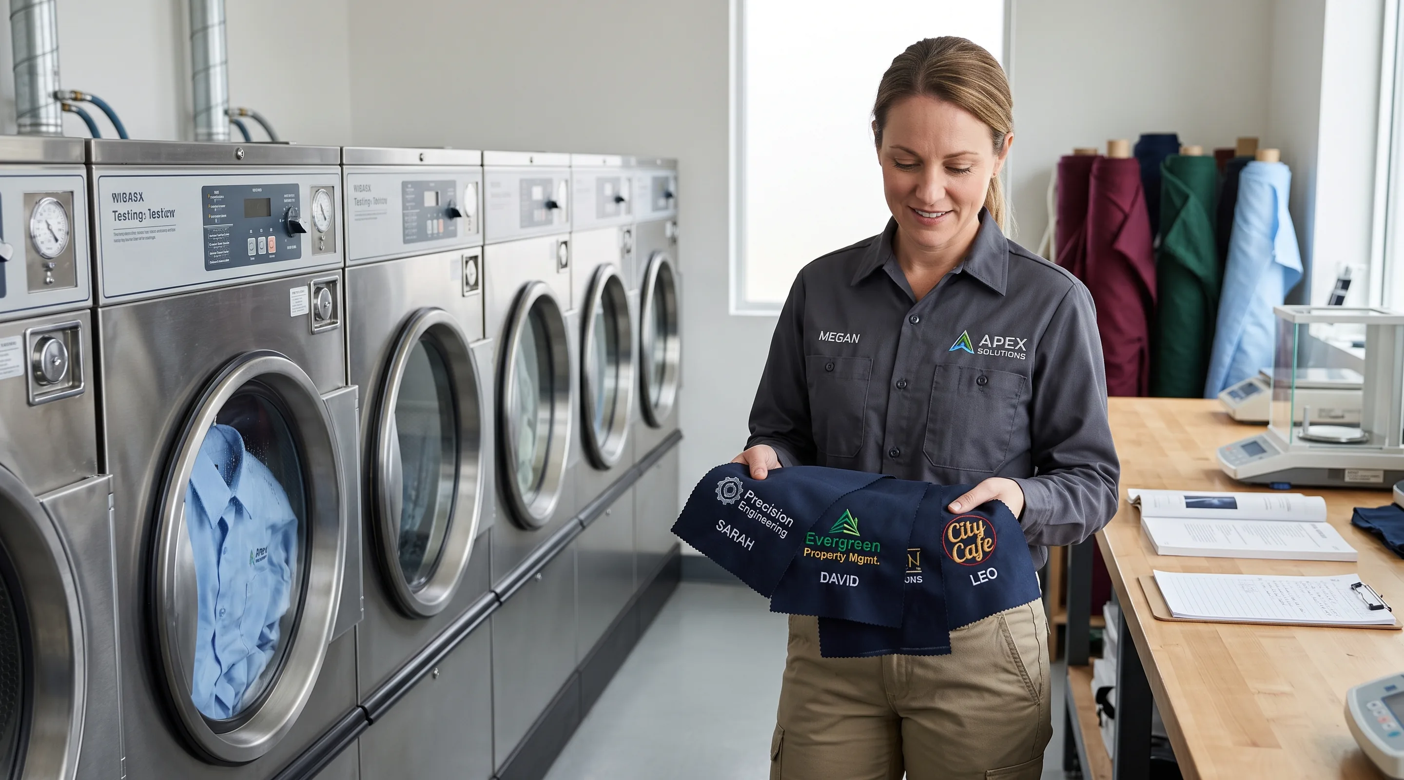 Test room with a row of laboratory washing machines and a technician holding washed logo samples