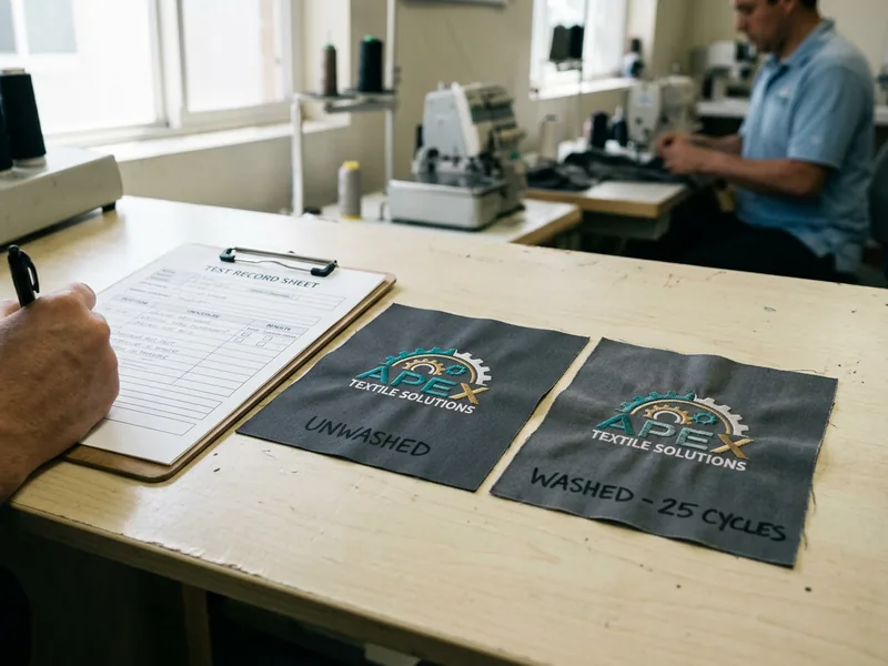 Washed and unwashed logo samples side by side next to a test record sheet