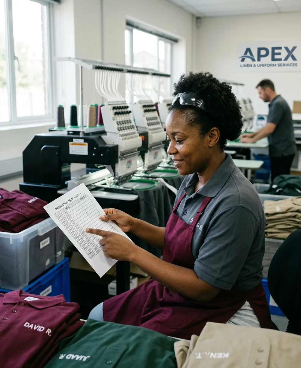 Embroidery operator checking a stitched name against the staff list
