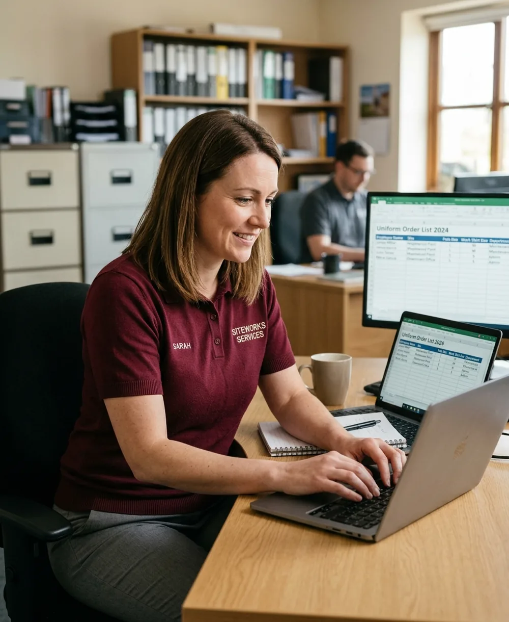 Office manager preparing the employee name and size list on a laptop