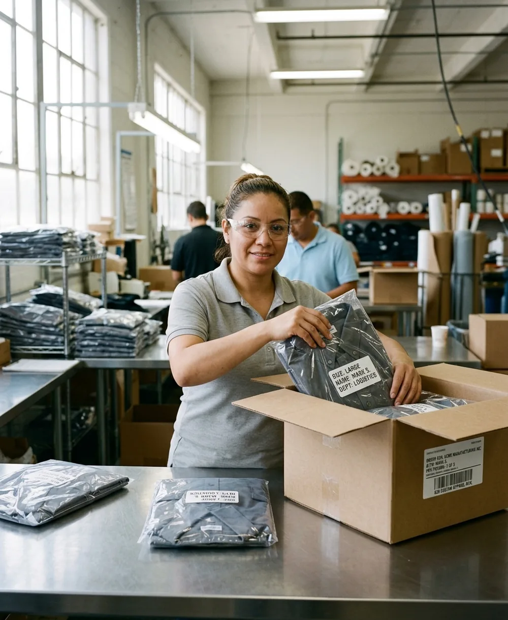 Named work shirts in polybags going into a labelled carton