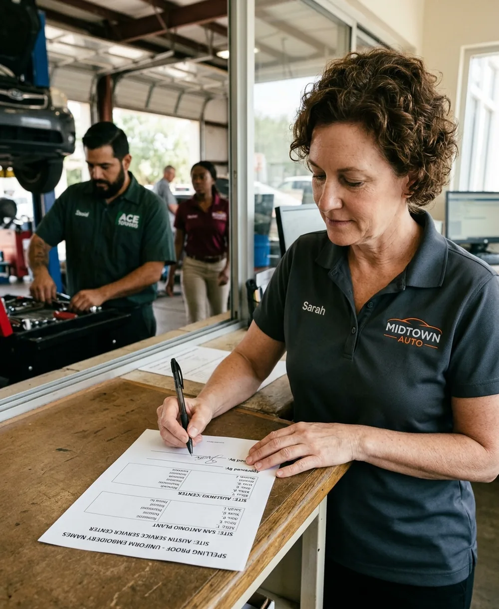 Hand signing a printed spelling proof of employee names