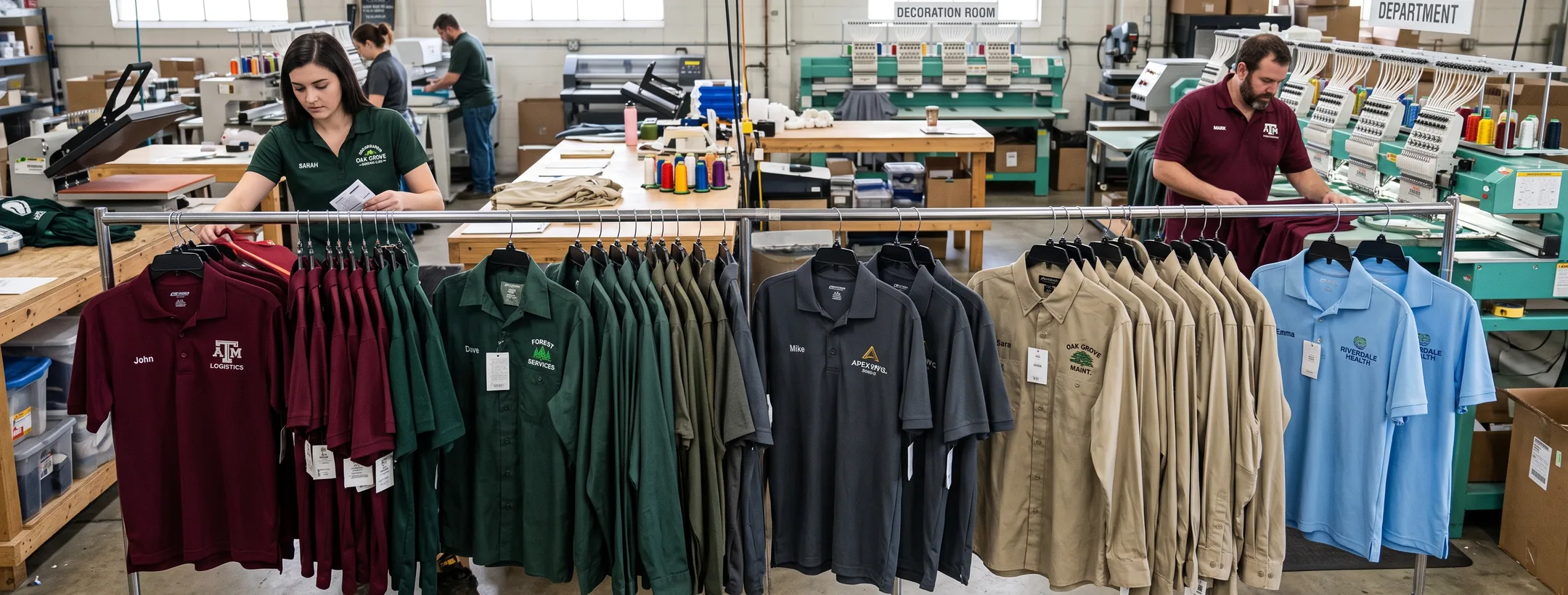Rail of work shirts and polos in charcoal, khaki, light blue, burgundy and dark green