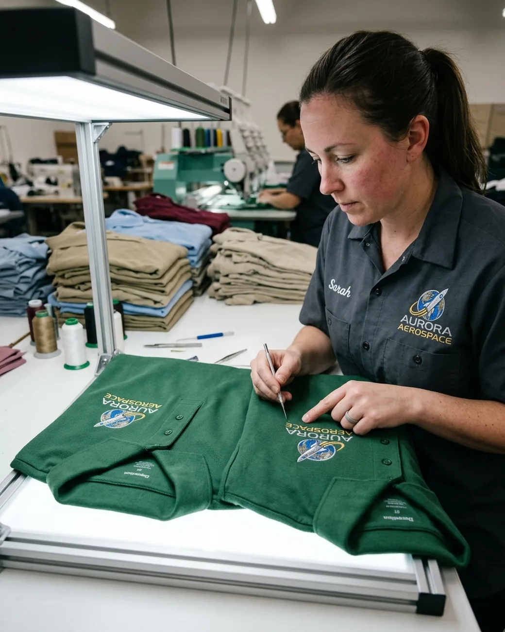 QC inspector comparing a chest embroidery with the approved sample shirt