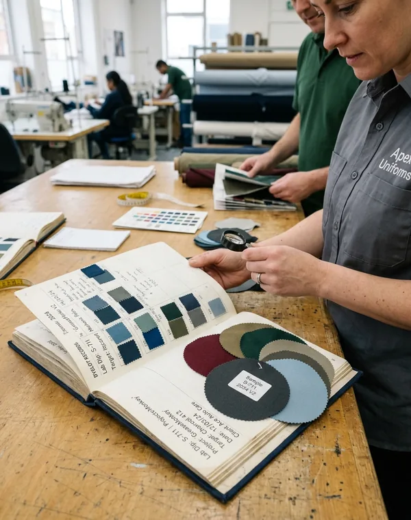 Retained lab dip book open beside shirt fabric