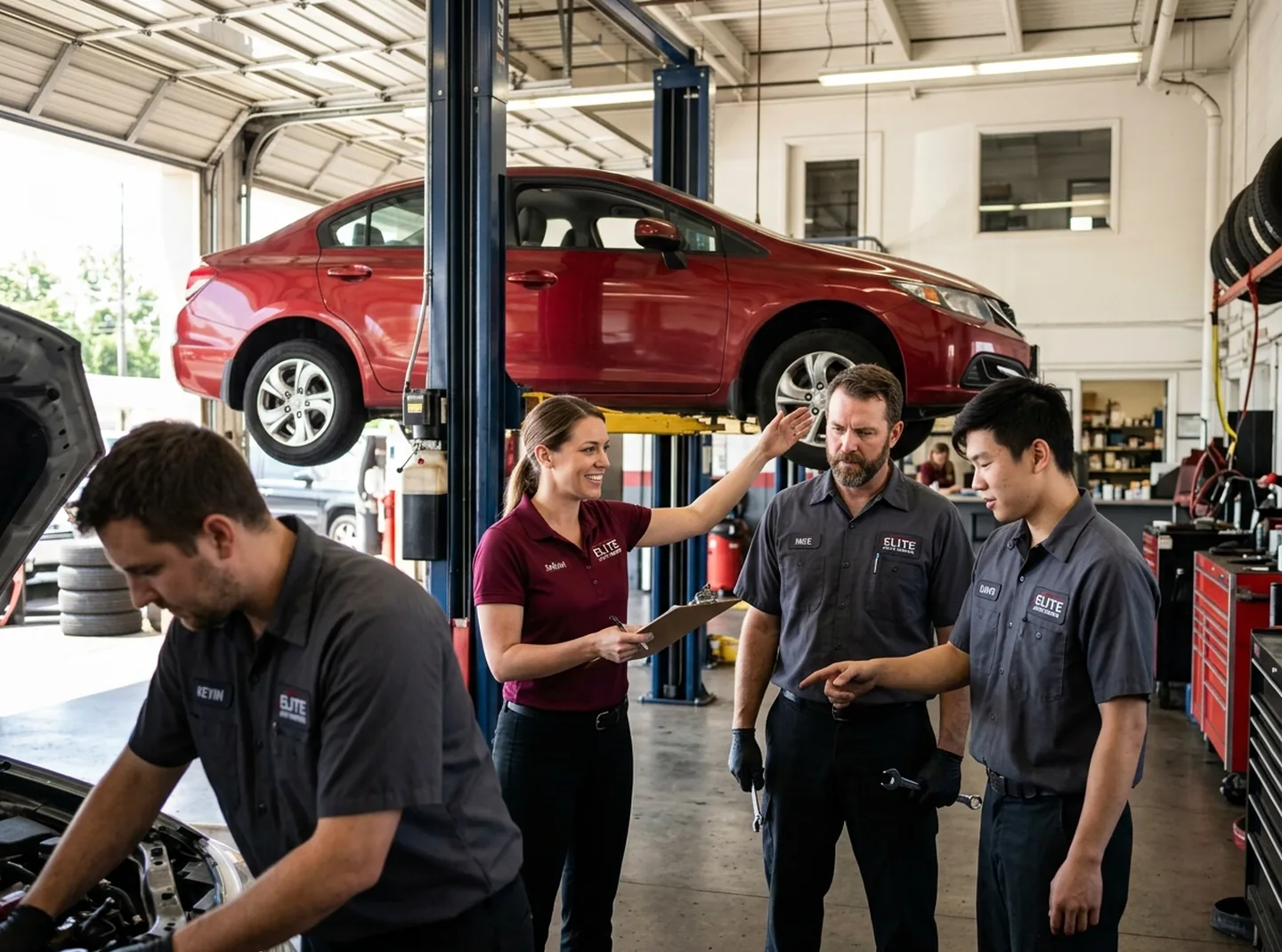 Technicians and service advisors in matching work shirts and polos in an auto service bay