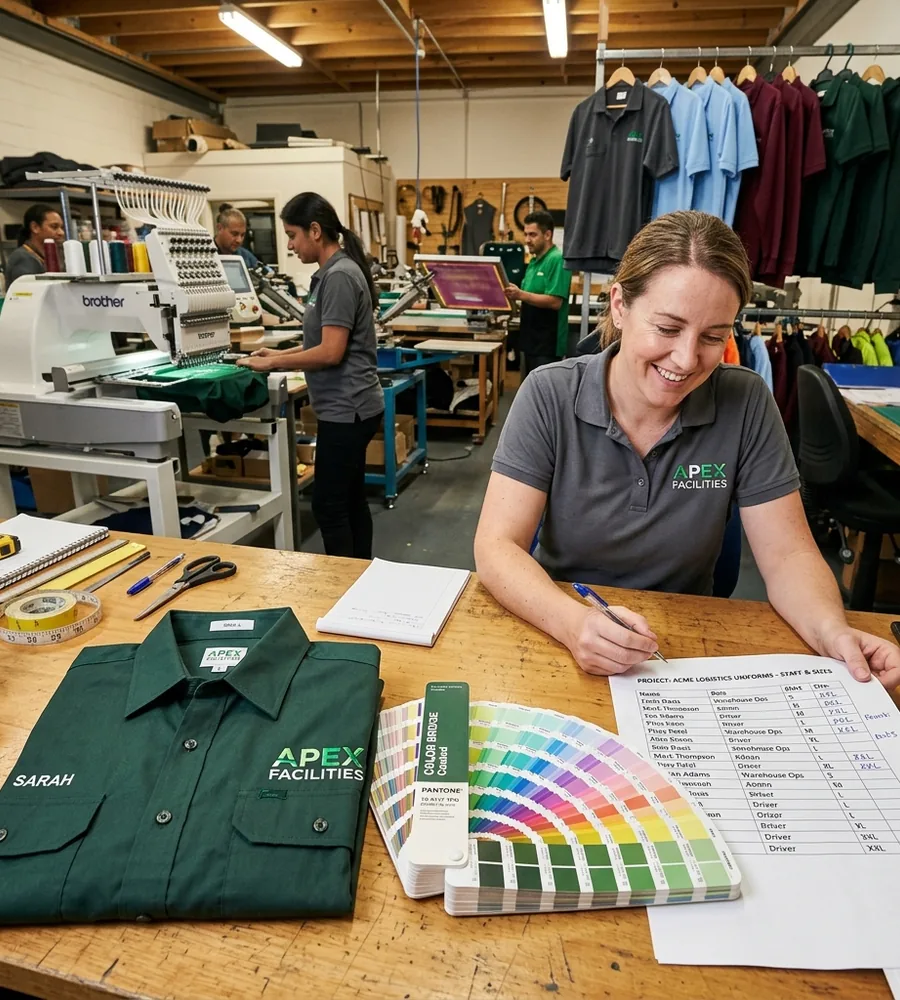 Sample shirt, Pantone card and printed staff list laid out on a desk