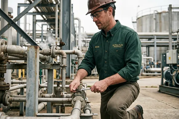 Worker in a flame-resistant shirt at an industrial site