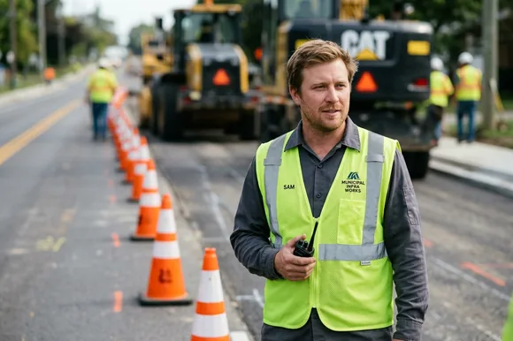 Road worker in a hi-vis vest beside traffic cones