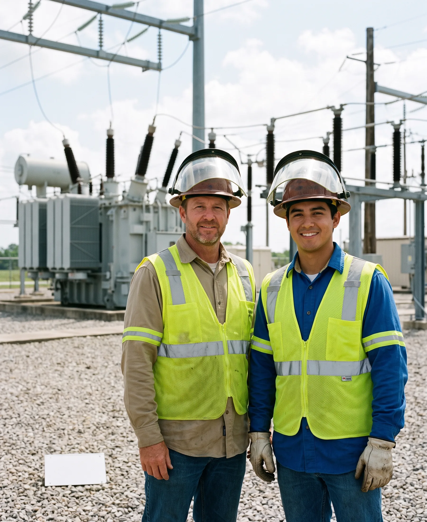 Two linemen in FR long-sleeve work shirts and FR hi-vis vests with arc face shields raised, standing in an electrical substation