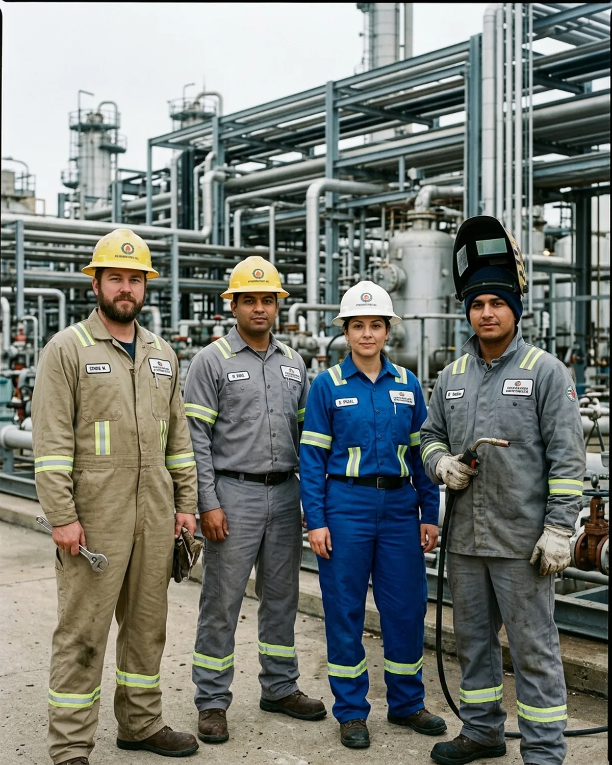 Refinery maintenance crew in FR coveralls and FR shirts beside a welder with the helmet raised