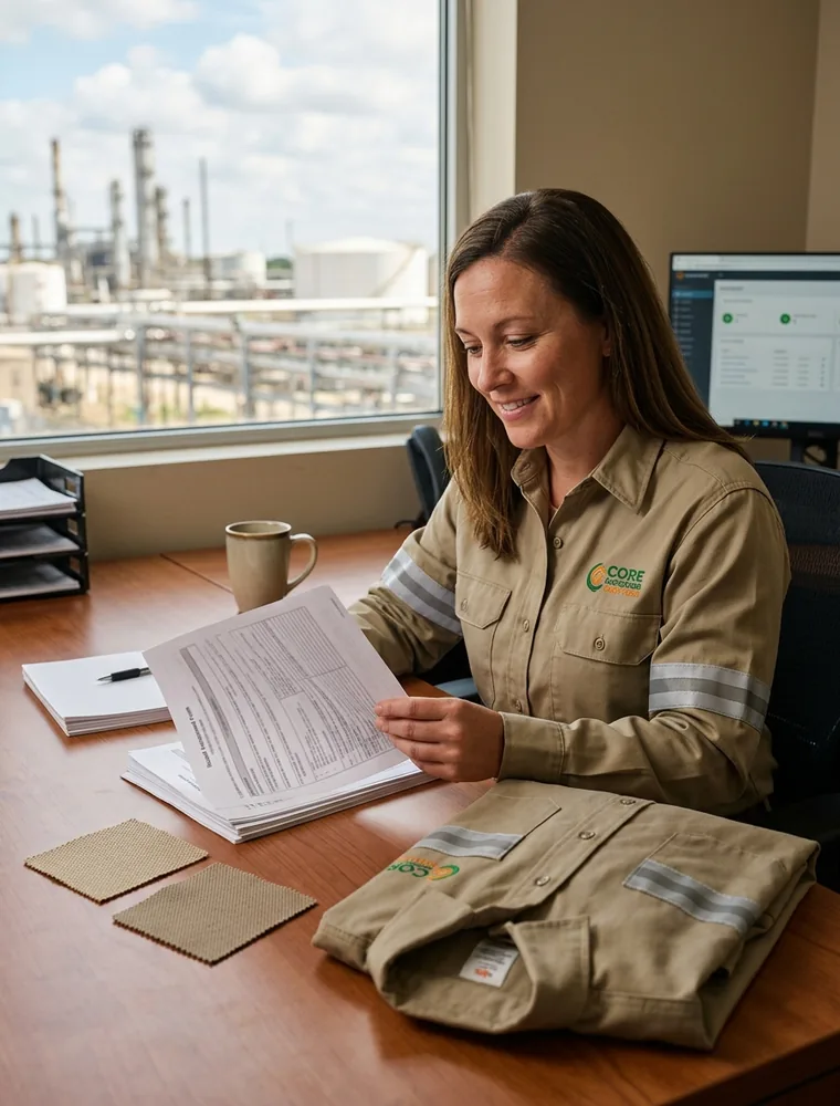 EHS manager at a desk with a hazard assessment, two FR fabric swatches and an FR work shirt