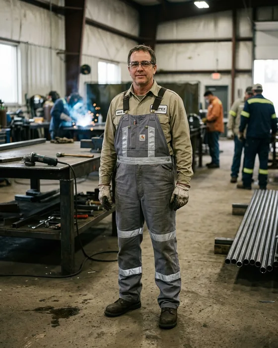 Maintenance worker in FR bib overalls over an FR shirt