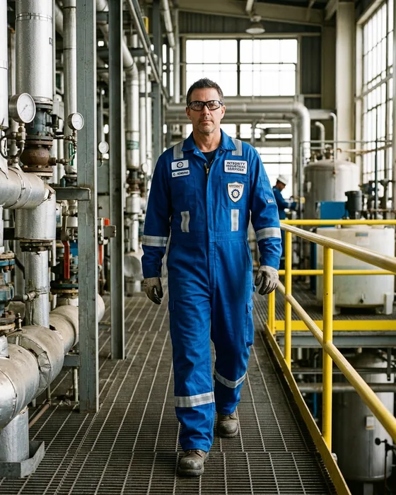 Plant operator in a royal blue FR coverall with a two-way front zipper