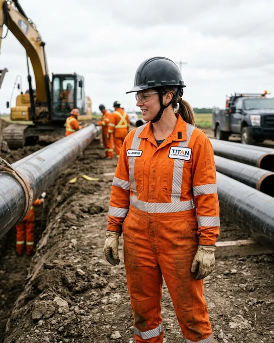 Field crew member in an orange FR hi-vis coverall at a pipeline site