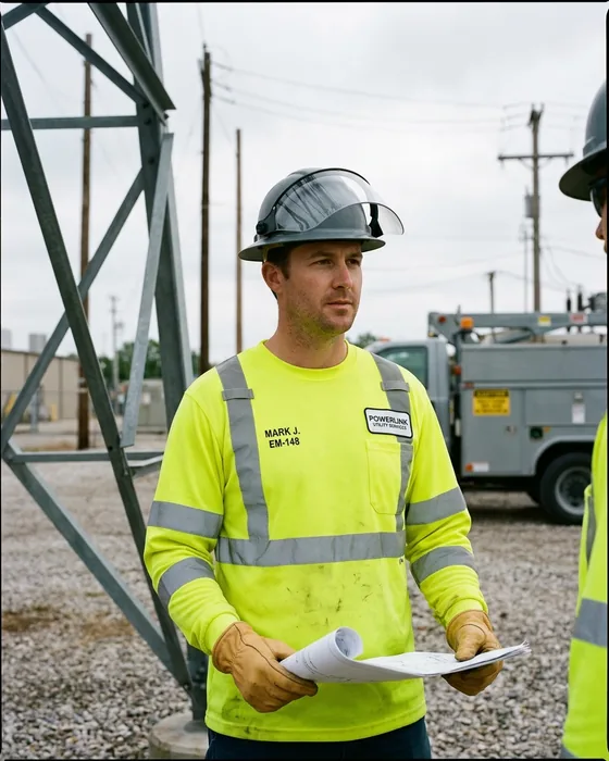 Utility worker in a fluorescent yellow-green FR hi-vis shirt with segmented reflective tape