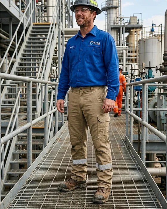 FR cargo work pants worn with work boots