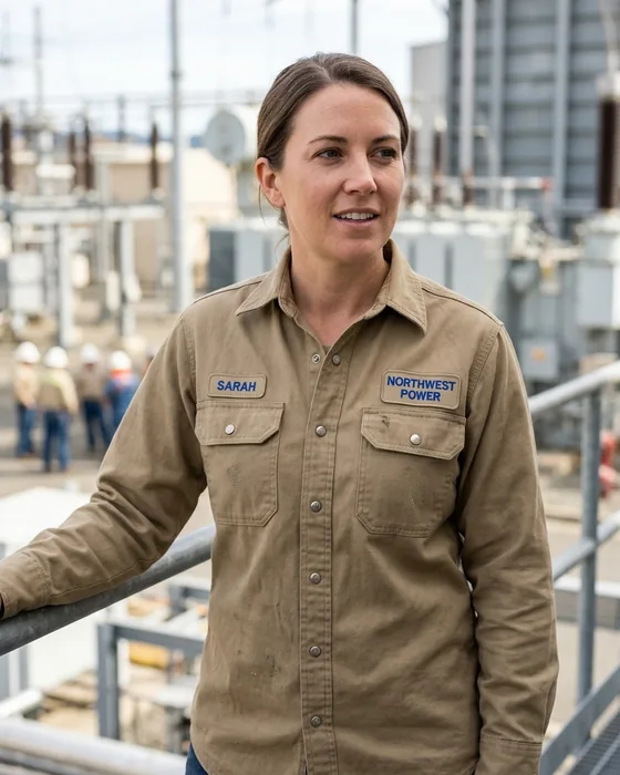 Worker in a khaki FR snap-front work shirt with two flap chest pockets