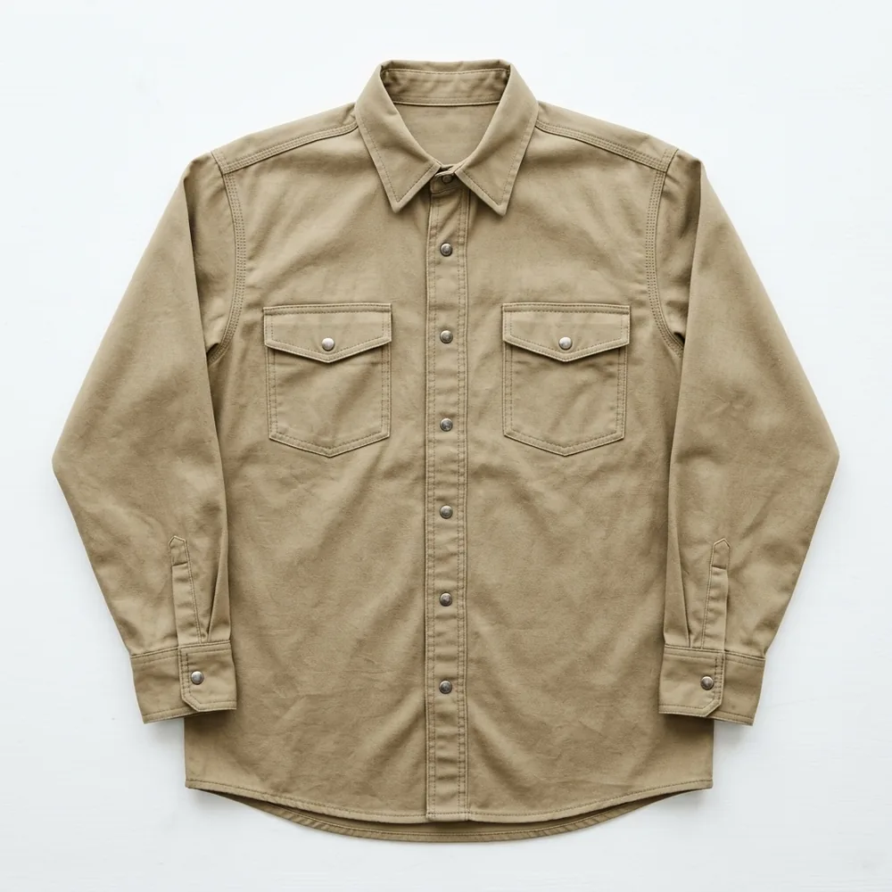 Khaki FR snap-front work shirt laid flat on a white table