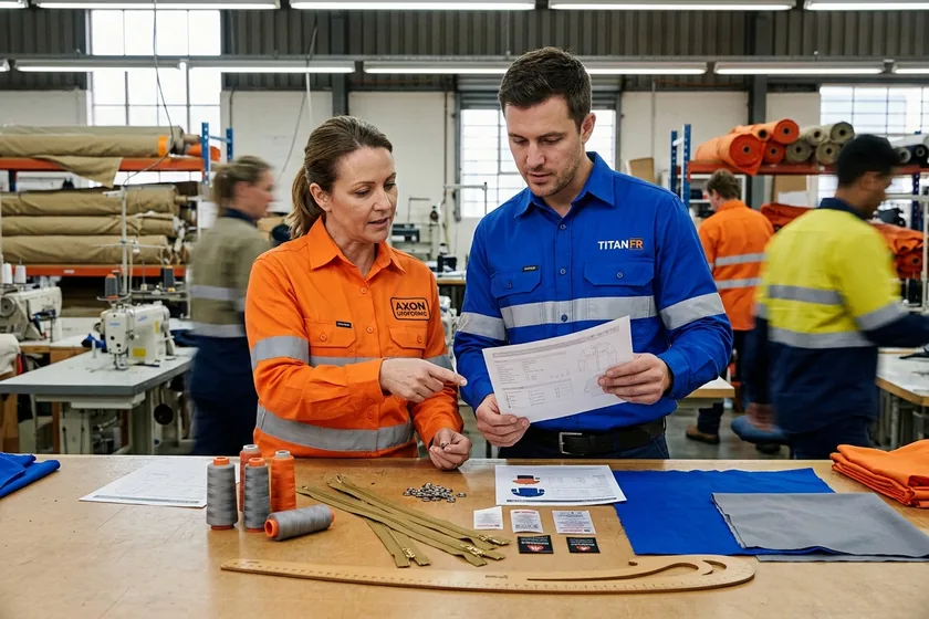 Account manager and pattern room lead checking FR trims against a printed list at the pattern table
