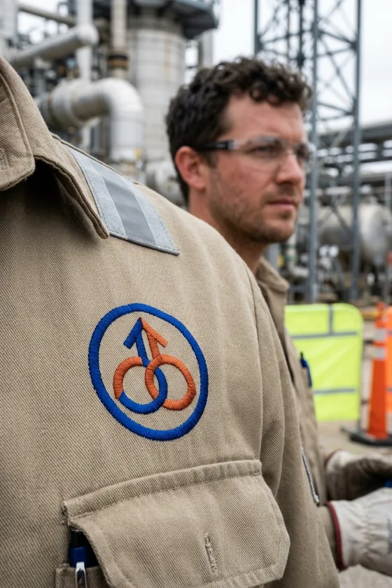 Close-up of a chest logo embroidered in FR thread on a khaki FR shirt