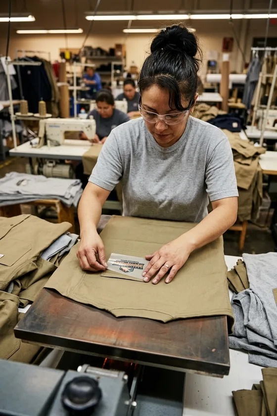 Operator's hands placing an FR transfer film logo on a heat press