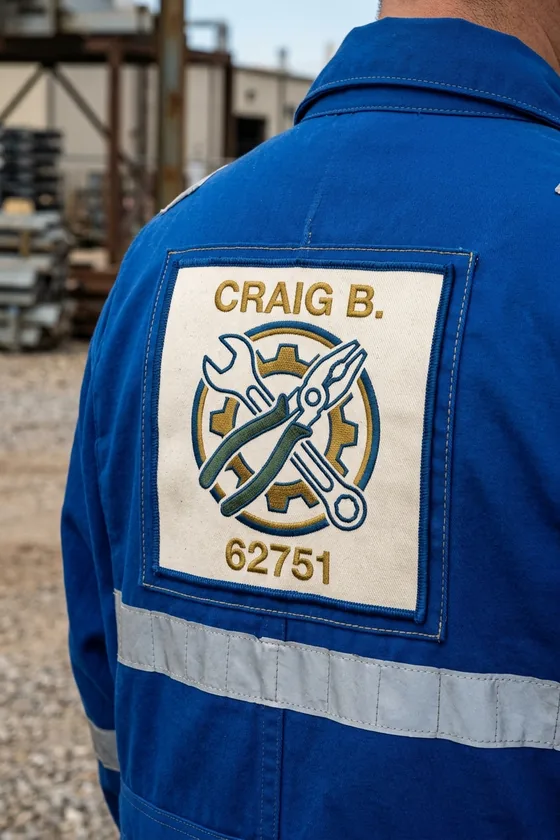 FR twill patch sewn on the back of an FR coverall