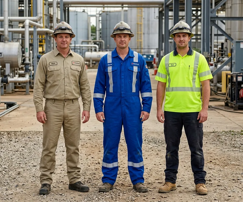 Three crew members side by side in an FR shirt and pants, an FR coverall and an FR hi-vis shirt