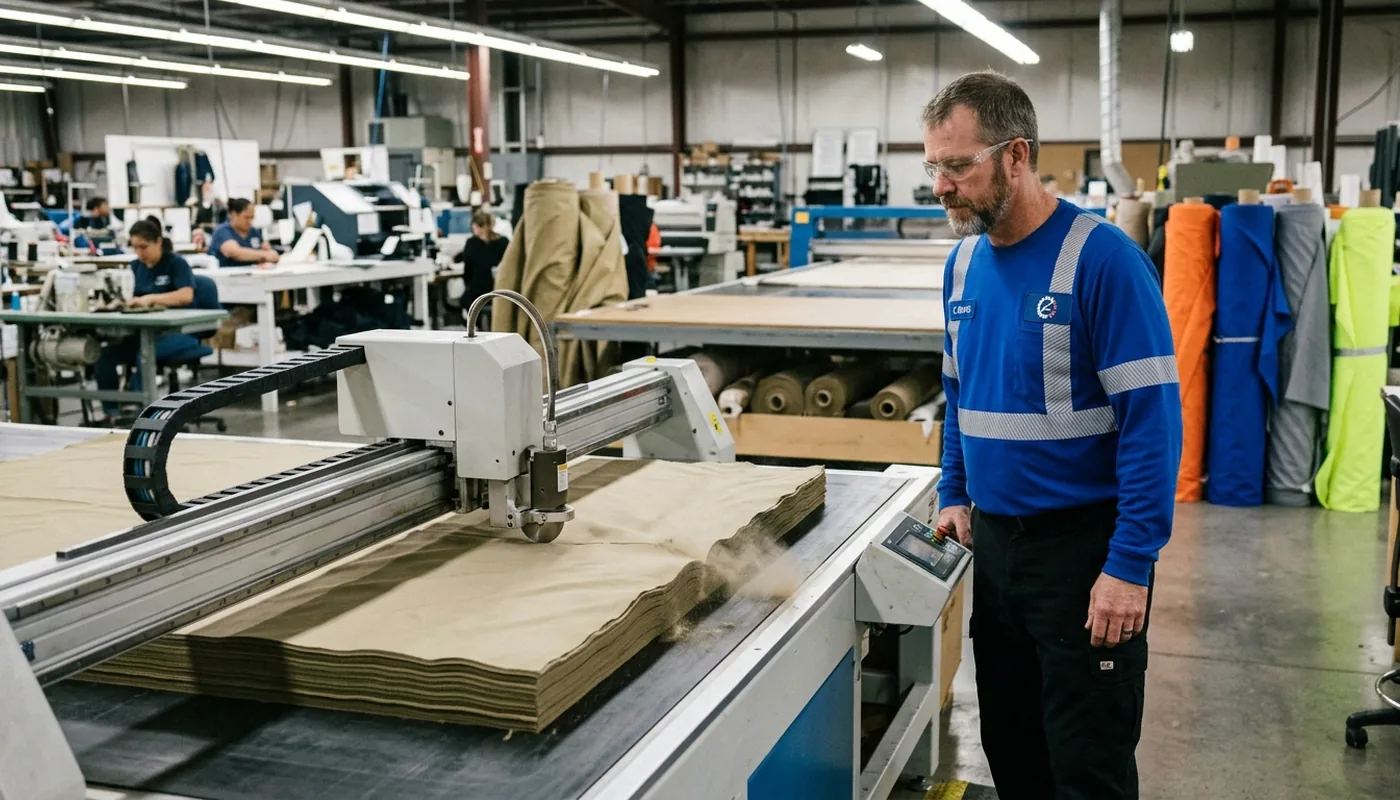 Cutter at an automatic multi-ply cutting table cutting khaki FR fabric