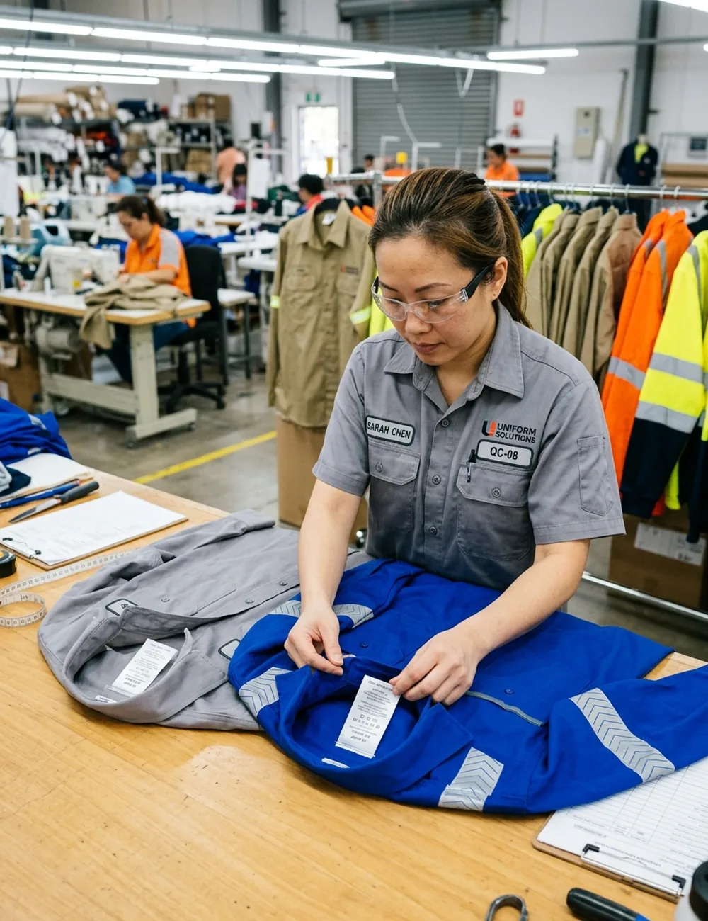 QC inspector comparing the approved FR shirt sample with a bulk shirt and checking the collar compliance label