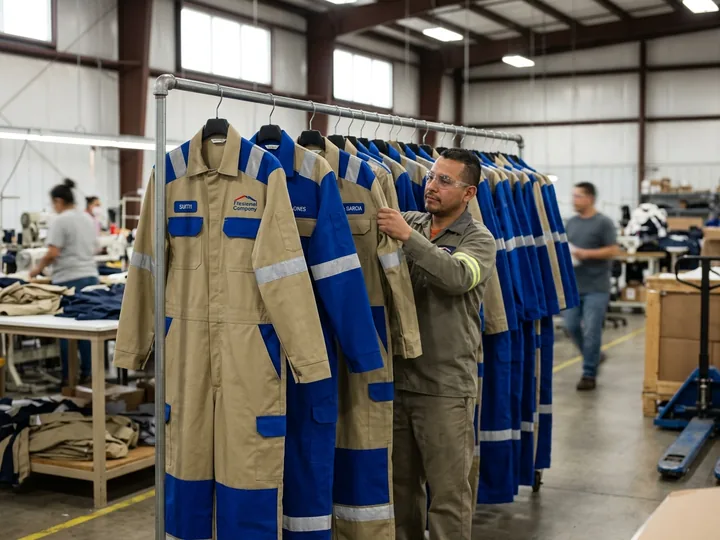 Row of custom FR coveralls hanging in the factory